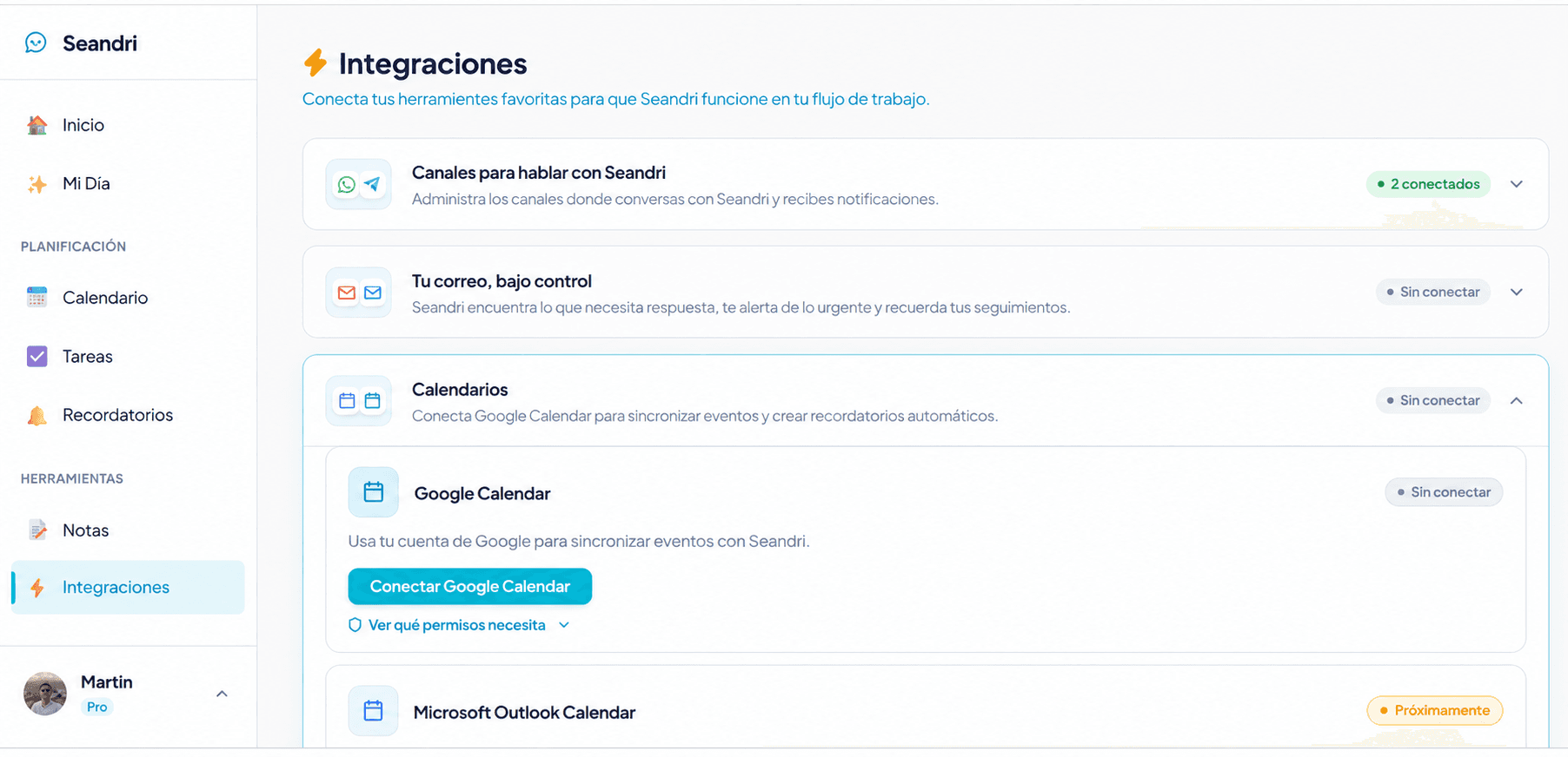 Integraciones y canales de mensajería en Seandri